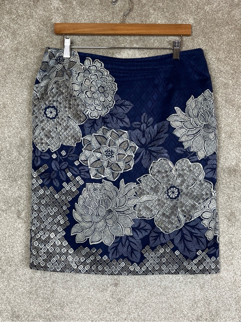 Talbots Skirt Womens 12 Blue Floral Cotton Silk Pencil Lined Side Zip- 5340
